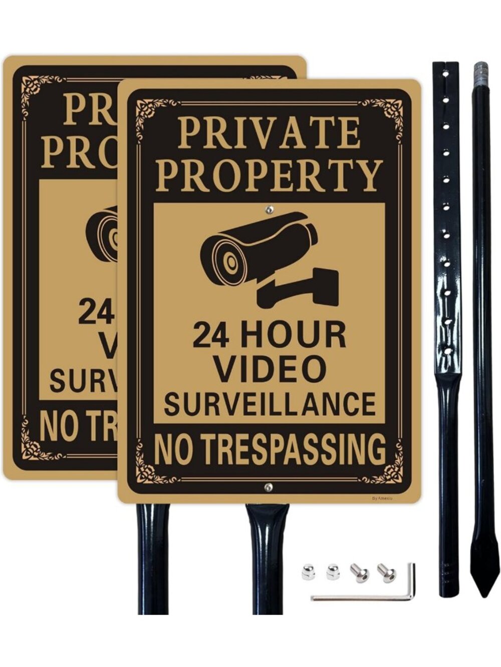2 Pack No Trespassing Signs with Metal Stakes - 24/7 Video Surveillance